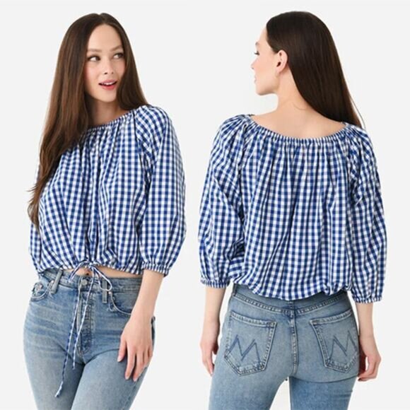 Luciana Tops - NEW Rhode Luciana Puff Sleeves Self Tie Gingham Plaid Blue Blouse Top